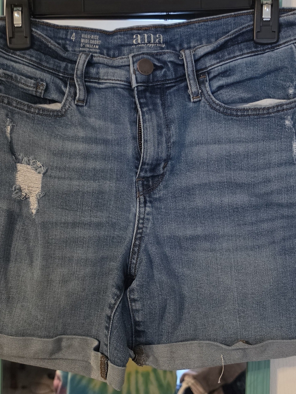 a.n.a Distressed Mid-Blue Cuffed Denim Shorts